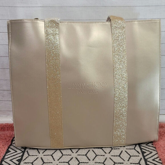 JIMMY CHOO PARFUMS GOLD TOTE BAG W GLITTER HANDLES - Picture 1 of 14